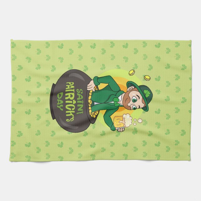 Cartoon leprechaun in a pot of gold holding a pint kitchen towel (Horizontal)