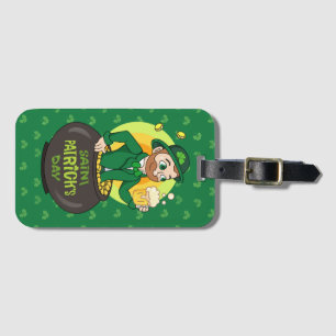 Cartoon leprechaun in a pot of gold holding a pint luggage tag