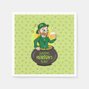 Cartoon leprechaun in a pot of gold holding a pint napkin