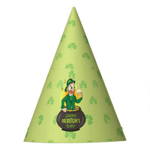 Cartoon leprechaun in a pot of gold holding a pint party hat