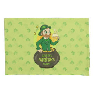 Cartoon leprechaun in a pot of gold holding a pint pillowcase