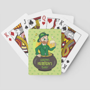 Cartoon leprechaun in a pot of gold holding a pint playing cards
