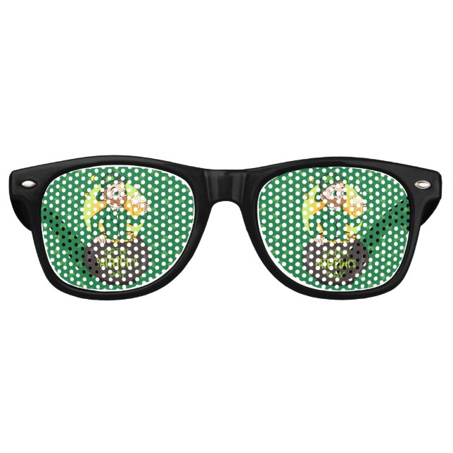 Cartoon leprechaun in a pot of gold holding a pint retro sunglasses (Front)