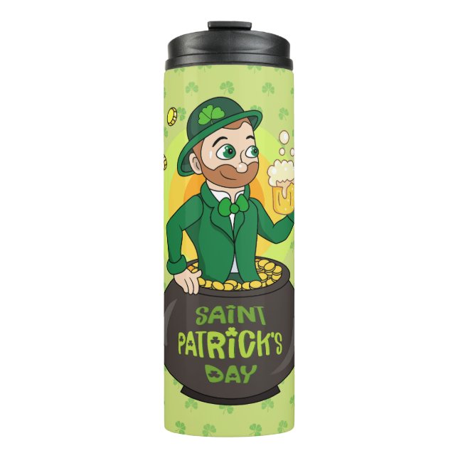 Cartoon leprechaun in a pot of gold holding a pint thermal tumbler (Front)
