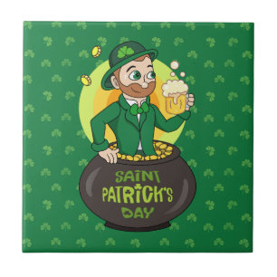 Cartoon leprechaun in a pot of gold holding a pint tile