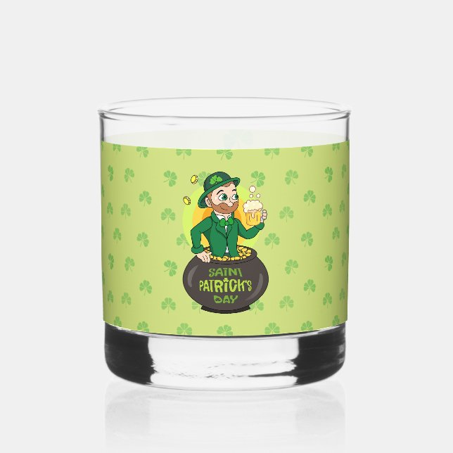 Cartoon leprechaun in a pot of gold holding a pint whiskey glass (Front)