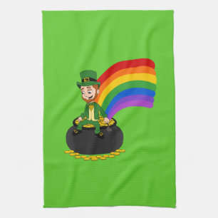 Cartoon leprechaun sitting on a pot of gold kitchen towel