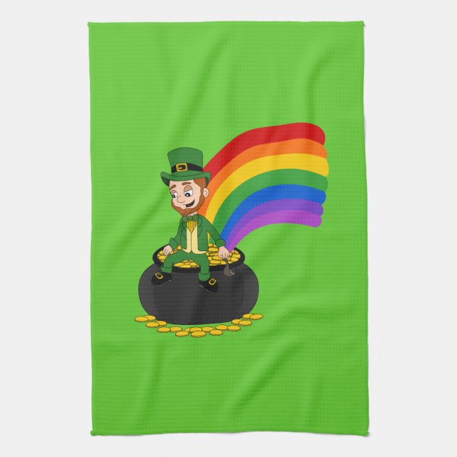 Cartoon leprechaun sitting on a pot of gold kitchen towel (Vertical)