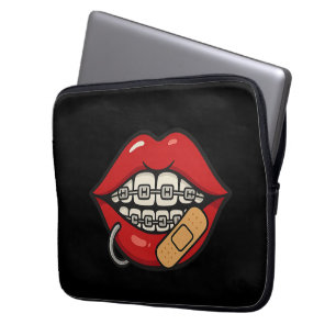 Cartoon Lips Sticker with Braces & Piercing Laptop Sleeve