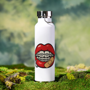 Cartoon Lips Sticker with Braces & Piercing Water Bottle