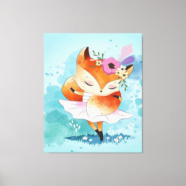 Cartoon Little Fox | Lovely Fox Floral Canvas Print (Front)