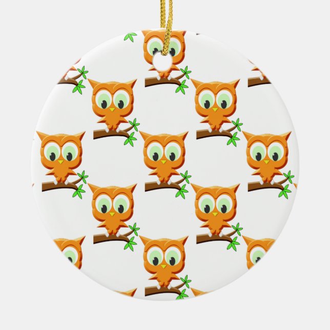 Cartoon Little Owl On Branch Pattern Ceramic Ornament (Front)