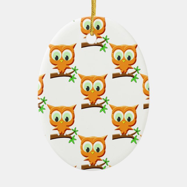 Cartoon Little Owl On Branch Pattern Ceramic Ornament (Front)