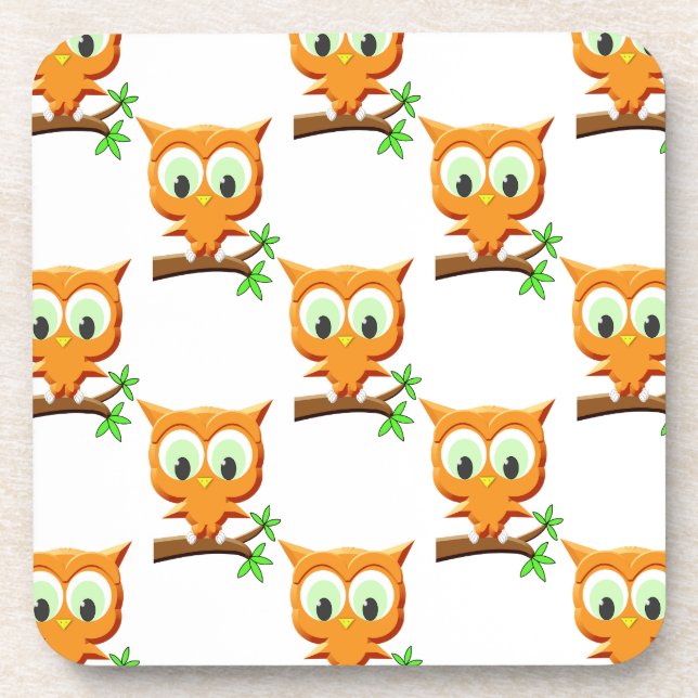 Cartoon Little Owl On Branch Pattern Coaster (Front)