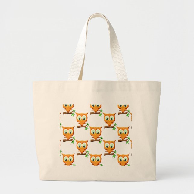 Cartoon Little Owl On Branch Pattern Large Tote Bag (Front)