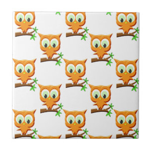 Cartoon Little Owl On Branch Pattern Tile