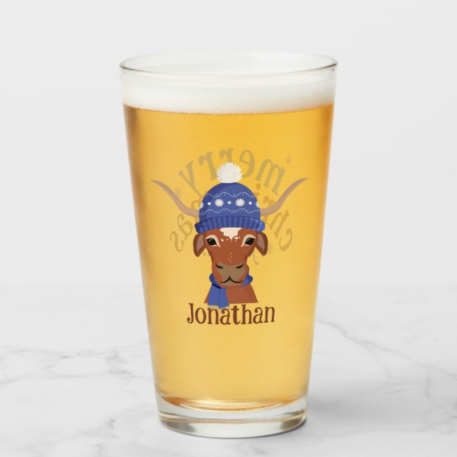 Cartoon Longhorn in Periwinkle Ski Cap and Scarf Glass (Front Filled)