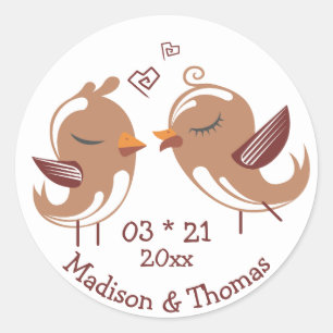 Cartoon Lovebirds Personalized Brown Wedding Birds Classic Round Sticker