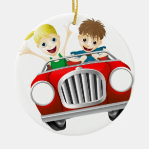 Cartoon man and woman in car ceramic ornament