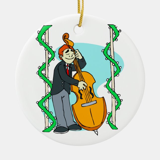 Cartoon man playing upright bass by backdrop ceramic ornament (Front)