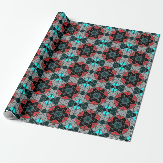 Cartoon Mandala Blue Red and Black Wrapping Paper (Unrolled)