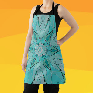 Cartoon Mandala Flower Blue and Green Apron