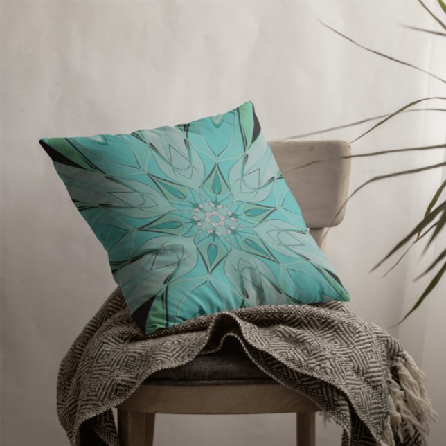 Cartoon Mandala Flower Blue and Green Throw Pillow (Creator Uploaded)
