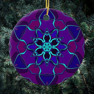 Cartoon Mandala Flower Blue and Purple Ceramic Ornament