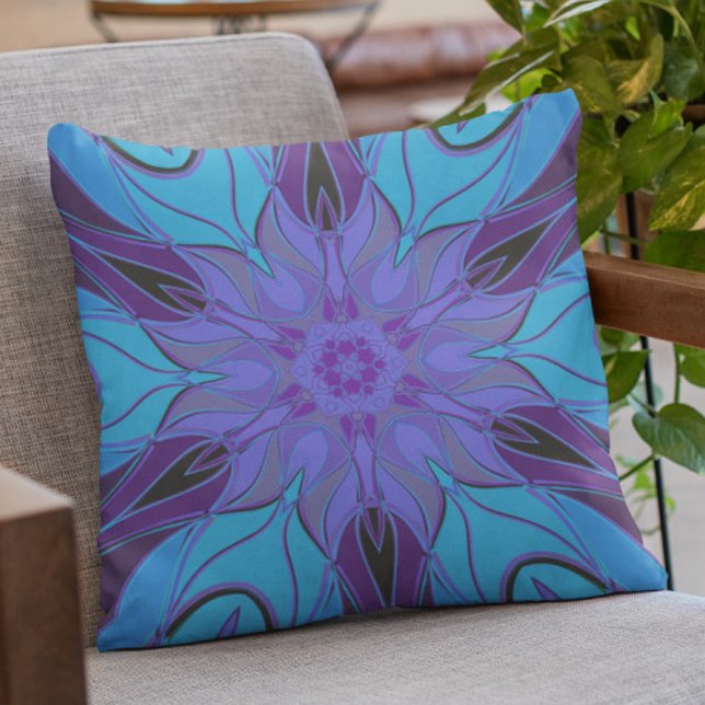 Cartoon Mandala Flower Blue and Purple Throw Pillow (Creator Uploaded)