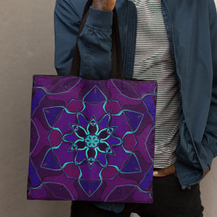 Cartoon Mandala Flower Blue and Purple Tote Bag