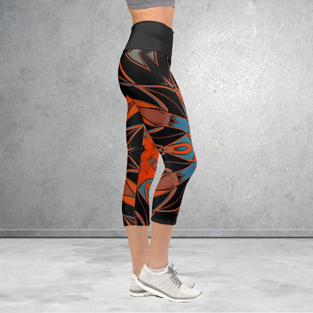 Cartoon Mandala Flower Blue Orange and Black Capri Leggings (Creator Uploaded)