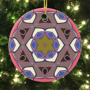 Cartoon Mandala Flower Blue Pink and Yellow Ceramic Ornament