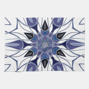 Cartoon Mandala Flower Blue Purple and White Kitchen Towel