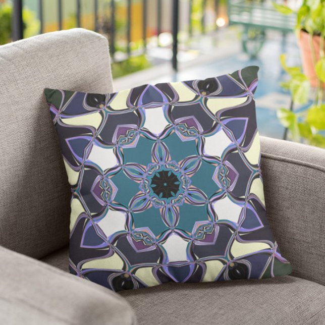 Cartoon Mandala Flower Blue Purple Black and White Throw Pillow (Creator Uploaded)
