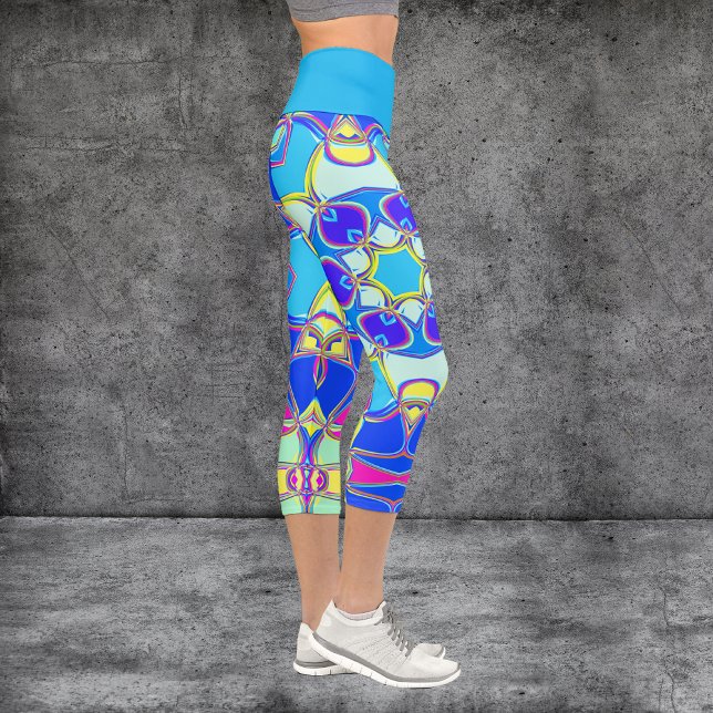 Cartoon Mandala Flower Blue Yellow and Pink Capri Leggings (Creator Uploaded)