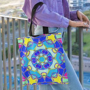 Cartoon Mandala Flower Blue Yellow and Pink Tote Bag