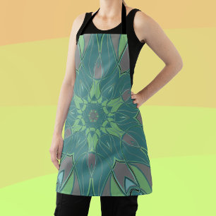 Cartoon Mandala Flower Green and Blue Apron