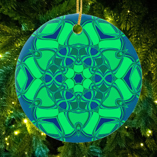 Cartoon Mandala Flower Green and Blue Ceramic Ornament