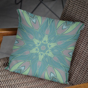 Cartoon Mandala Flower Green and Blue Throw Pillow