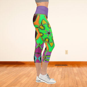 Cartoon Mandala Flower Green Orange and Purple Capri Leggings