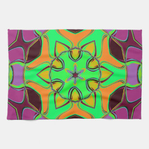 Cartoon Mandala Flower Green Orange and Purple Kitchen Towel