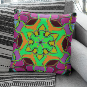 Cartoon Mandala Flower Green Orange and Purple Throw Pillow