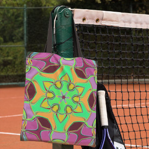 Cartoon Mandala Flower Green Orange and Purple Tote Bag