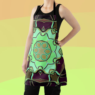 Cartoon Mandala Flower Green Purple and Black Apron