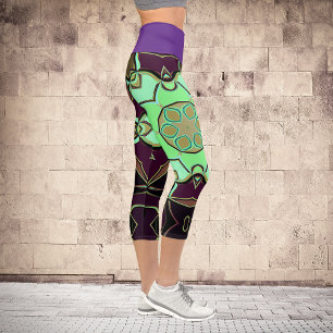 Cartoon Mandala Flower Green Purple and Black Capri Leggings