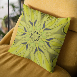 Cartoon Mandala Flower Green Throw Pillow