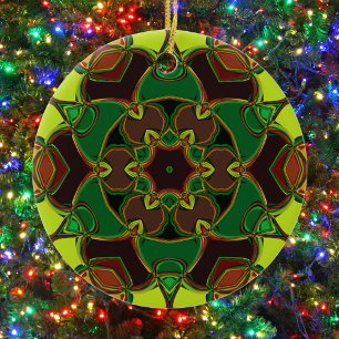 Cartoon Mandala Flower Green Yellow and Orange Ceramic Ornament