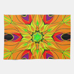Cartoon Mandala Flower Orange Green and Red Kitchen Towel