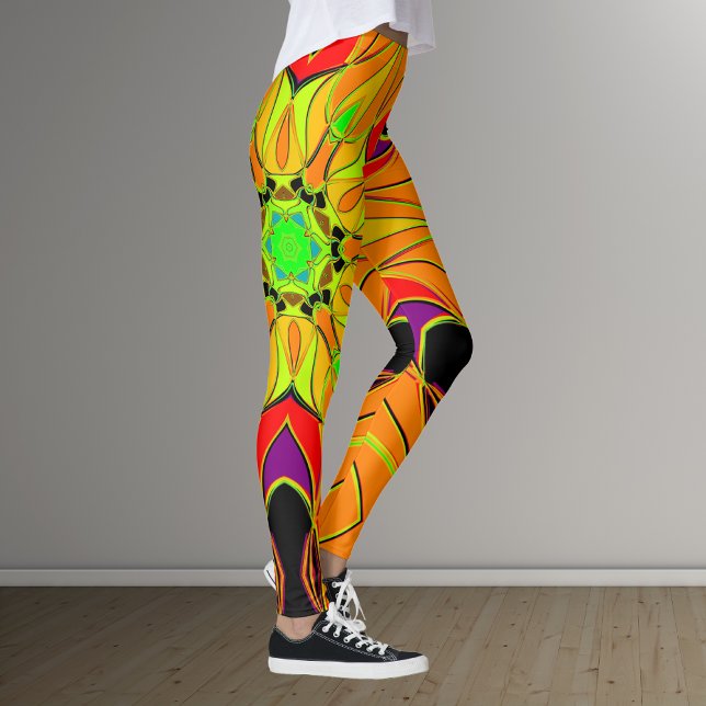Cartoon Mandala Flower Orange Green and Red Leggings (Creator Uploaded)