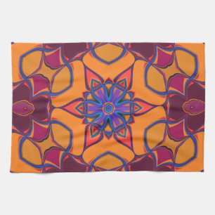 Cartoon Mandala Flower Orange Purple and Blue Kitchen Towel